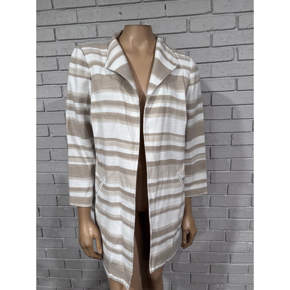 Chico's Striped Open Front Jacket Tan White Textured 3/4 Sleeve Size 1 Medium - Picture 2 of 7